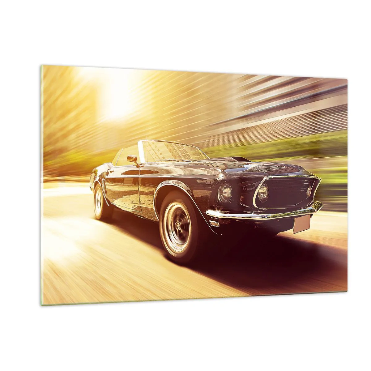Impression sur verre - Image sur verre - Voiture classique en mouvement au soleil - 120x80cm - 1967 - le retour de la légende - Décoration murale moderne pour le salon et la chambre ARTTOR