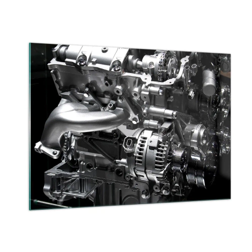 Impression sur verre - Image sur verre - Détails d'un moteur en métal sur fond noir - 100x70cm - Acier, beau, fort - Décoration murale moderne pour le salon et la chambre ARTTOR