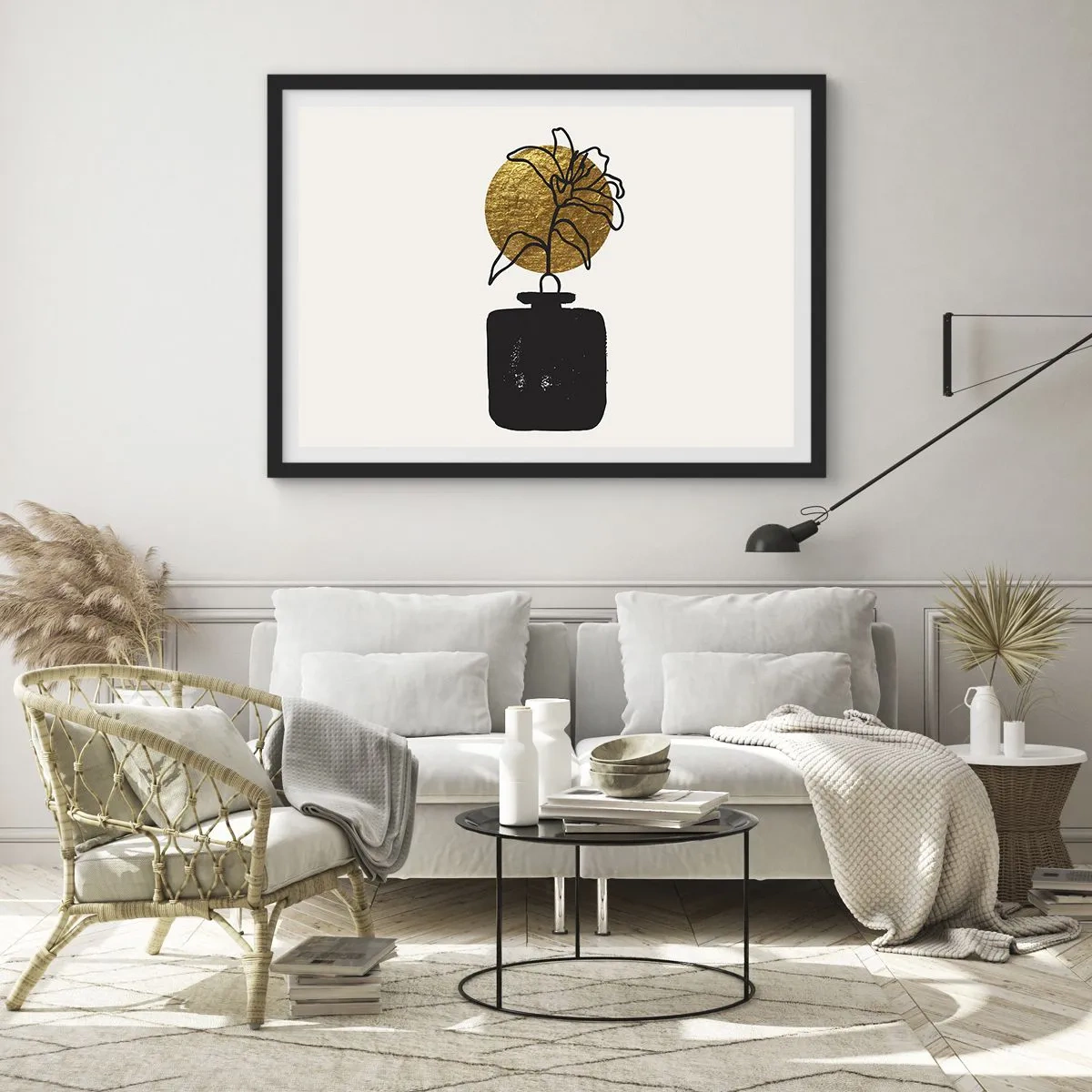 Affiche dans un cadre noir - Poster - Un dessin d'une fleur dans un vase sur un fond de cercle doré - 70x50cm - La beauté vaut son pesant d'or - Décoration murale moderne pour le salon et la chambre ARTTOR