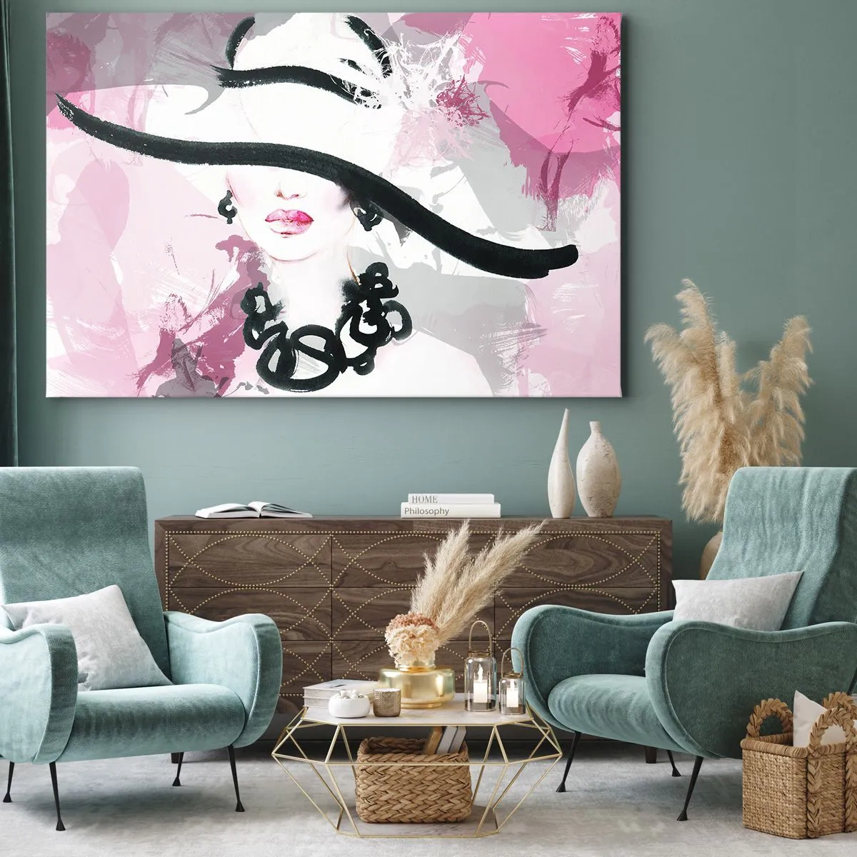 Impression sur toile - Image sur toile - Une femme élégante avec un chapeau sur un fond d'abstractions roses. - 70x50cm - Portrait d'une dame en noir et rose - Décoration murale moderne pour le salon et la chambre ARTTOR