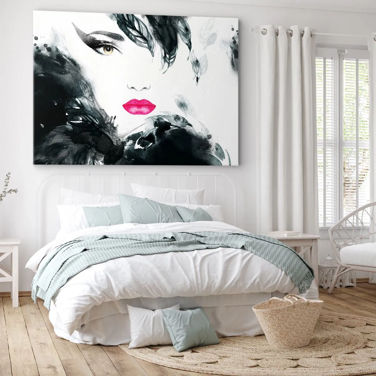 Impression sur toile - Image sur toile - Portrait artistique d'une femme aux lèvres intensément roses - 100x70cm - Attention! Femme fatale - Décoration murale moderne pour le salon et la chambre ARTTOR