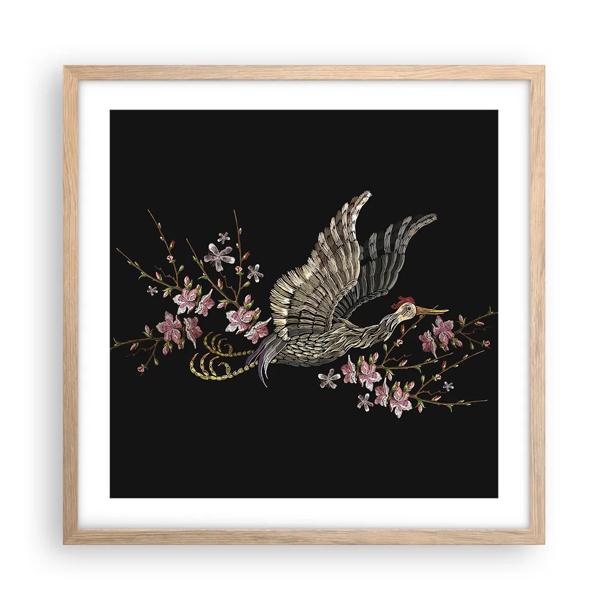 Affiche dans un chêne clair - Poster - Oiseau brodé exotique - 50x50 cm