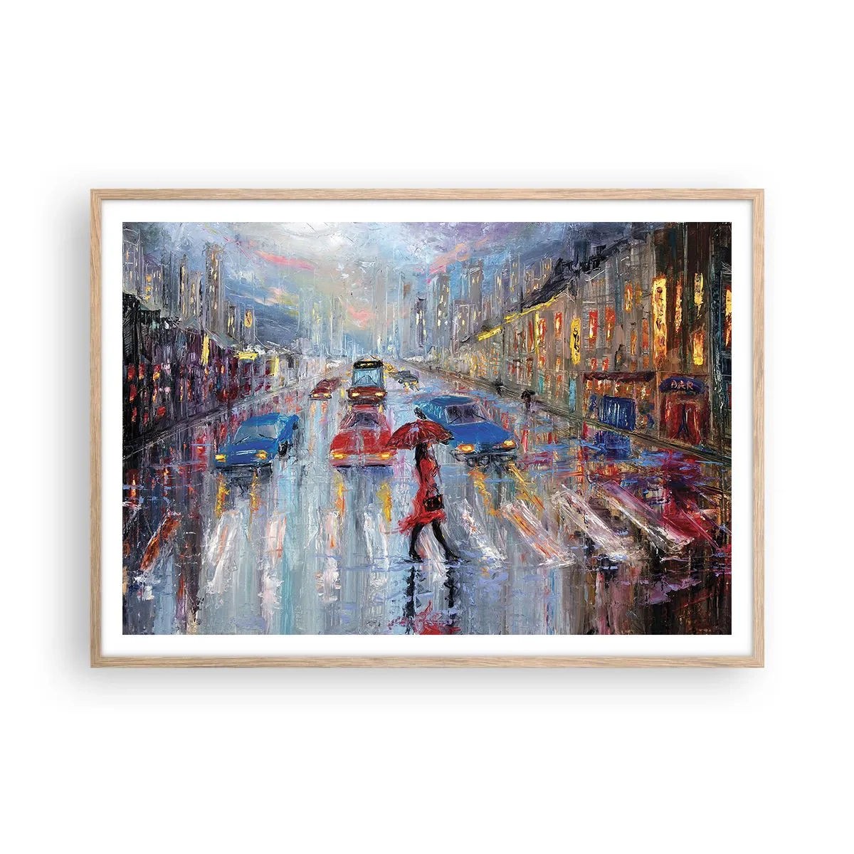 Affiche dans un chêne clair - Poster - Après-midi pluvieux en ville - 100x70 cm