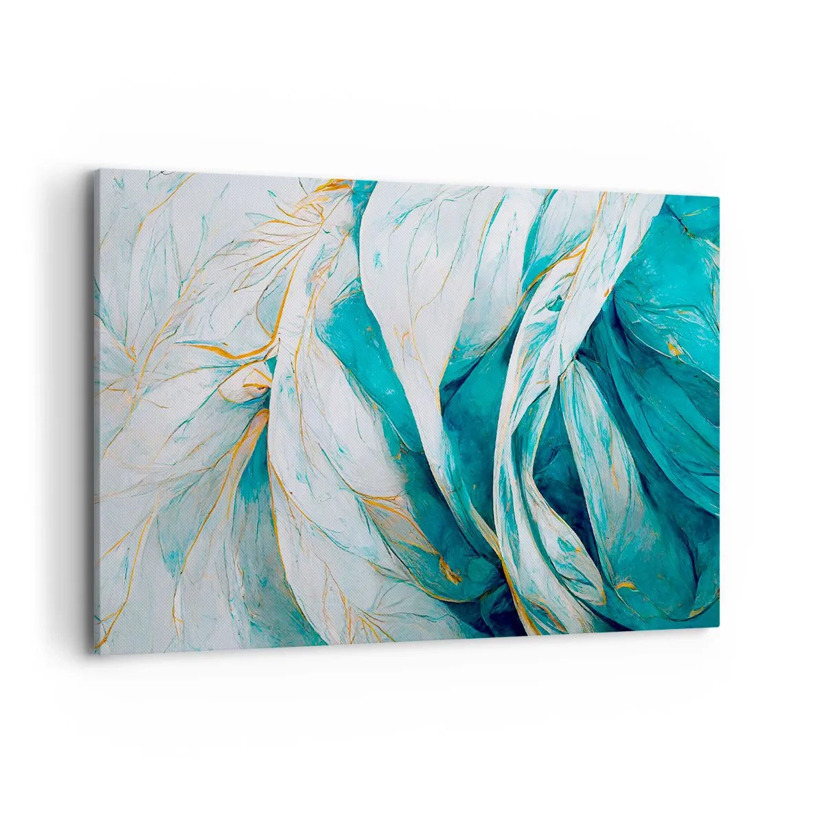 Impression sur toile - Image sur toile - Feuilles bleues abstraites avec des détails dorés - 120x80cm - Abstraction bleue avec un motif doré - Décoration murale moderne pour le salon et la chambre ARTTOR