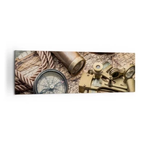 Impression sur toile - Image sur toile - Une boussole, un sextant et un télescope sur fond de vieille carte et de corde nautique. - 160x50cm - Fixer un cap - Décoration murale moderne pour le salon et la chambre ARTTOR
