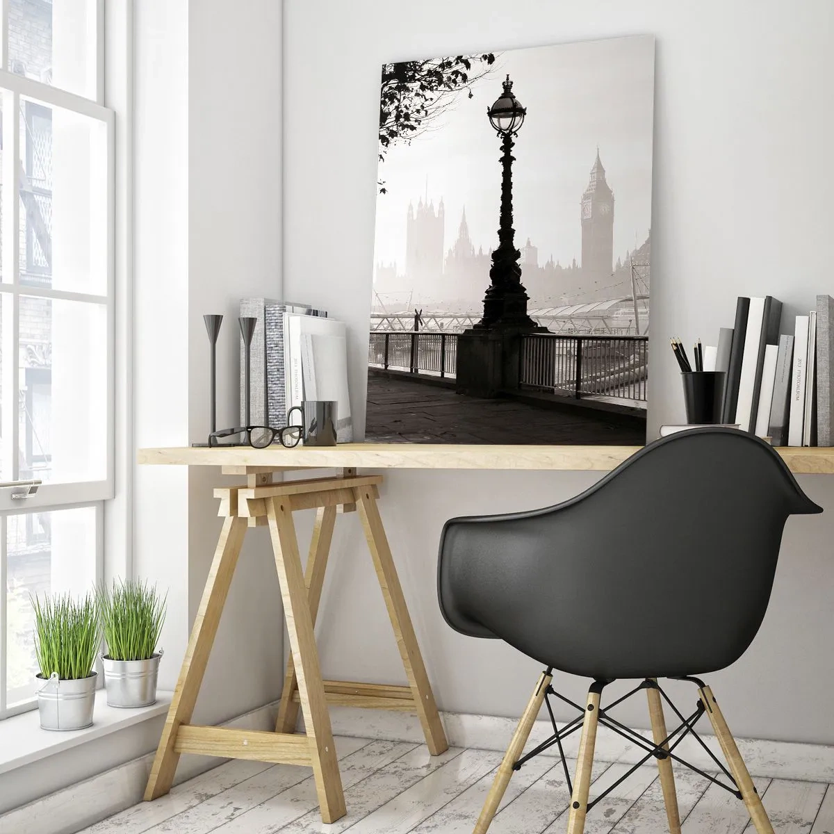 Impression sur verre - Image sur verre - Une vue monochrome de Big Ben et de la Tamise. - 70x100cm - Un matin londonien - Décoration murale moderne pour le salon et la chambre ARTTOR