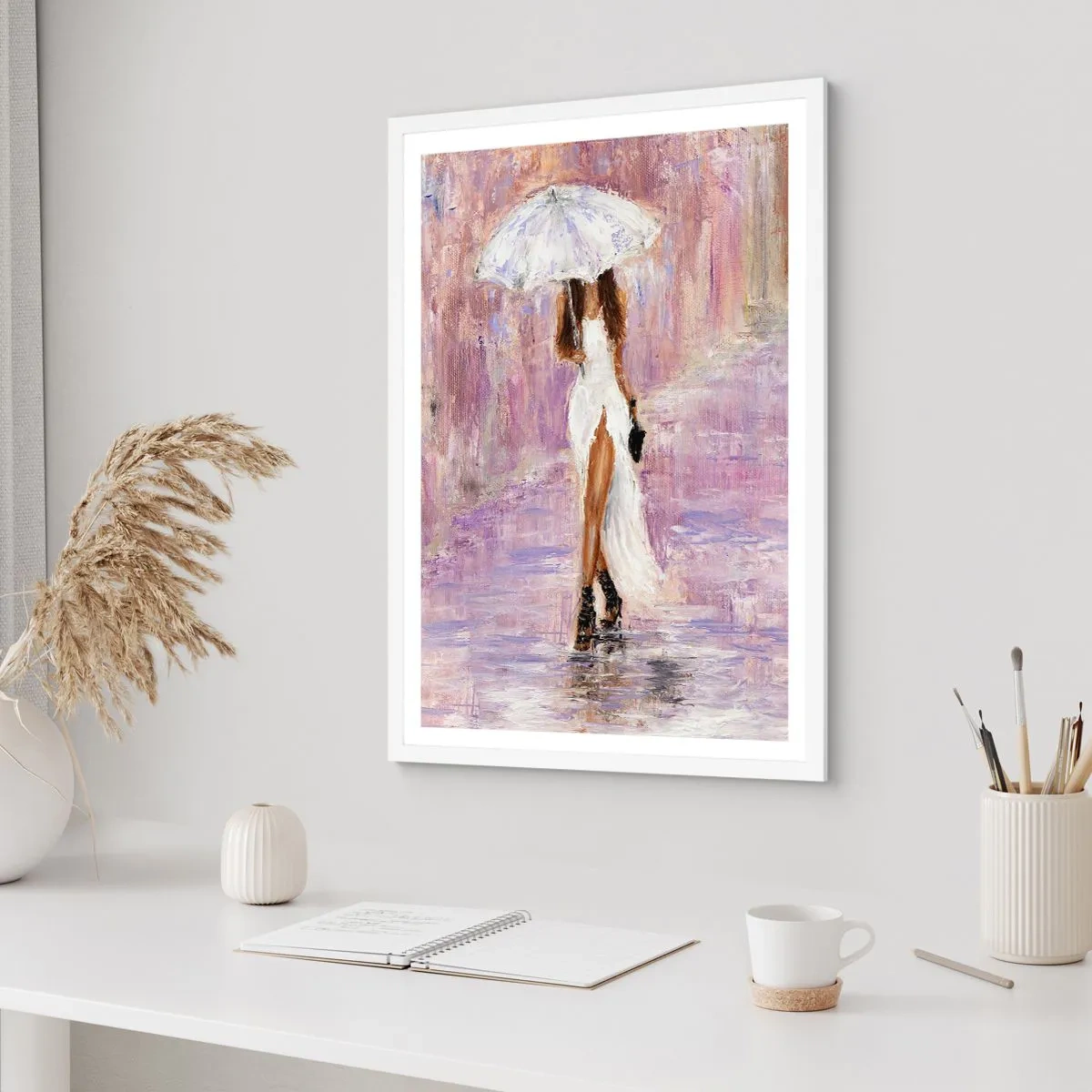 Affiche dans un cadre blanc - Poster - Sous la pluie lilas - 70x100 cm