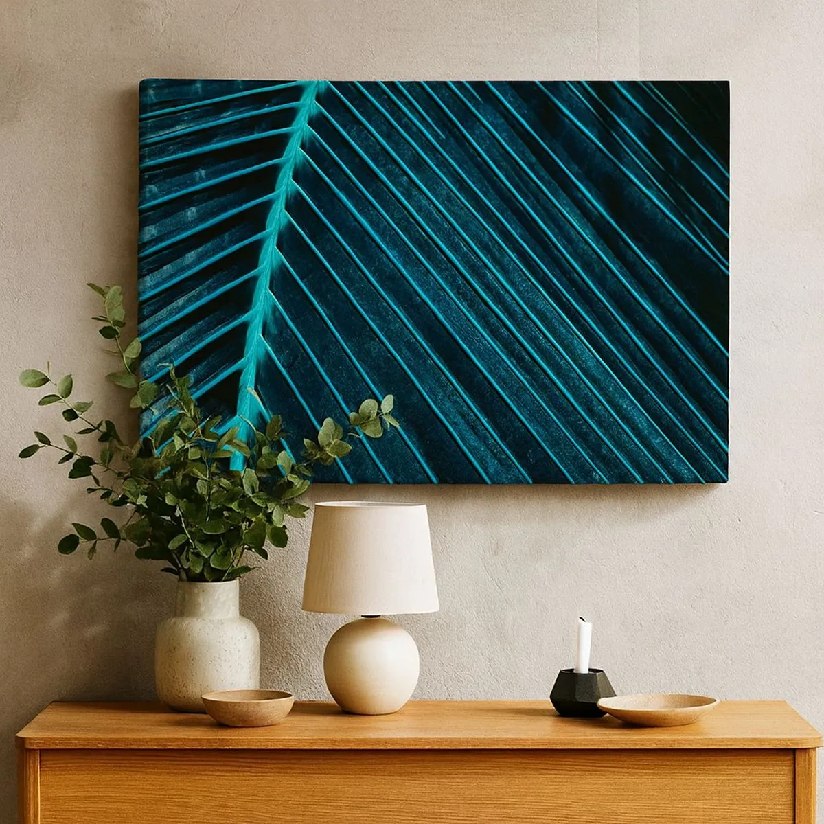 Impression sur toile - Image sur toile - Macrophotographie d'une feuille dans les tons turquoise et bleu marine - 70x50cm - Texture verte - Décoration murale moderne pour le salon et la chambre ARTTOR