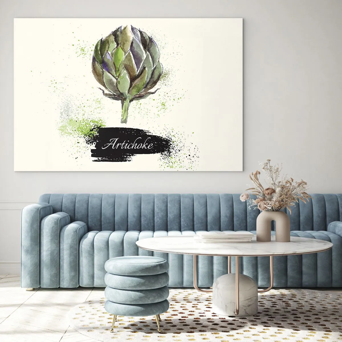 Impression sur verre - Image sur verre - Graphique d'artichaut à l'aquarelle avec le mot Artichaut écrit dessus - 120x80cm - Vive les légumes! - Décoration murale moderne pour le salon et la chambre ARTTOR
