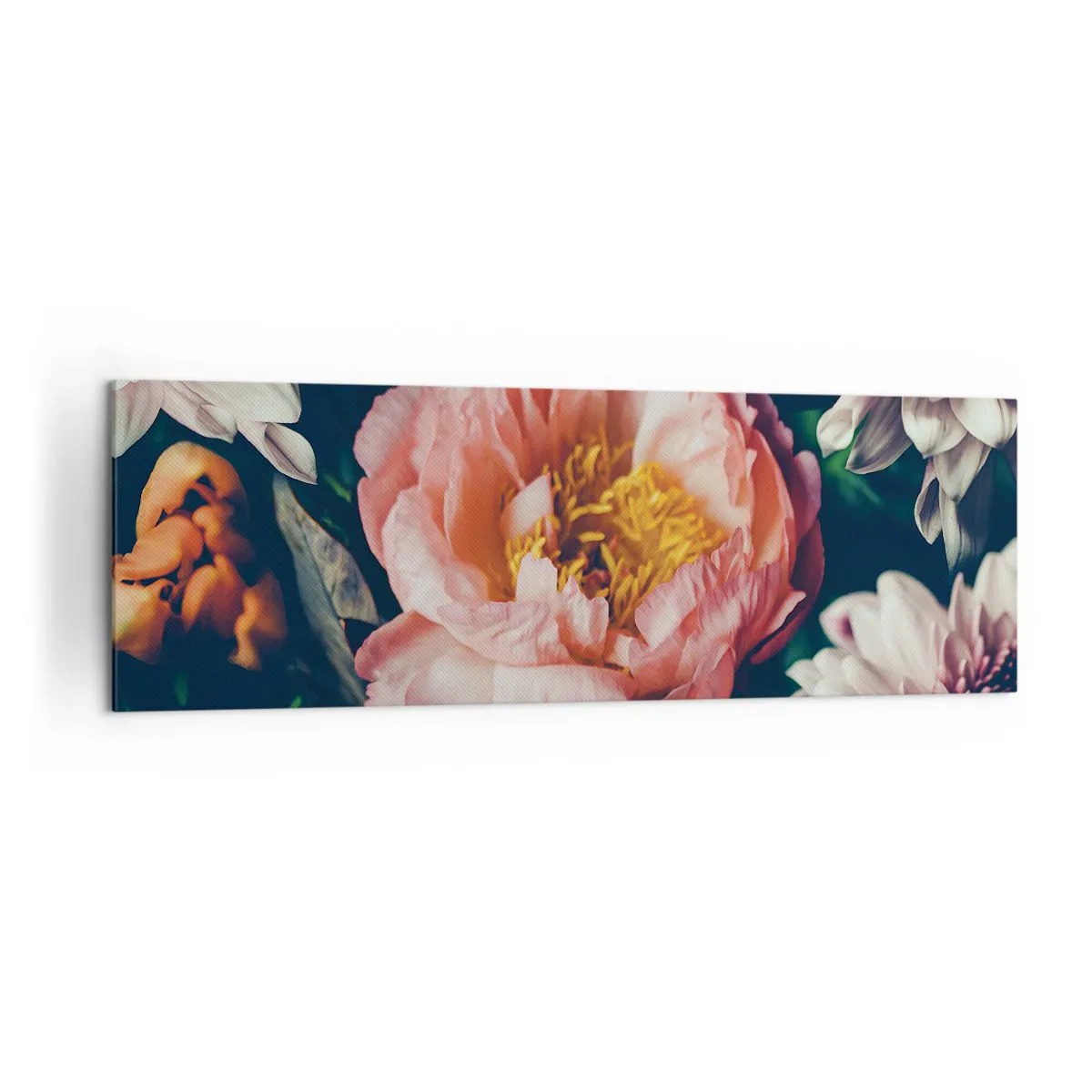 Impression sur toile - Image sur toile - Composition florale avec pivoines et chrysanthèmes sur fond sombre - 160x50cm - Splendeur baroque - Décoration murale moderne pour le salon et la chambre ARTTOR