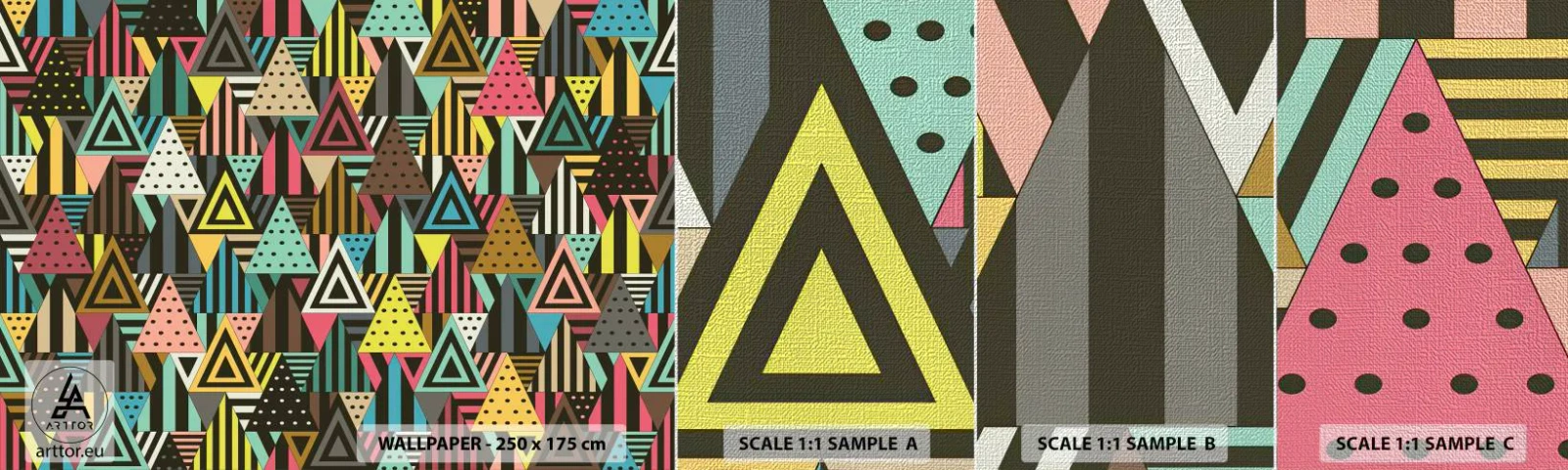 Échantillon de Papier Peint Premium Canvas - En rythme de trois - Abstraction, Morceau, Triangles - 100x30 cm