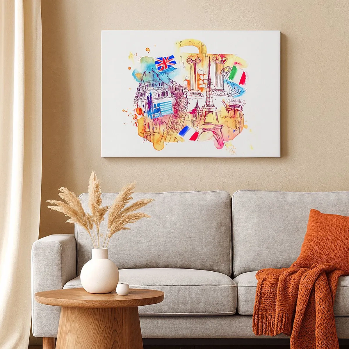 Impression sur toile - Image sur toile - Aquarelle de symboles européens avec drapeaux de pays - 70x50cm - Tournée européenne - Décoration murale moderne pour le salon et la chambre ARTTOR