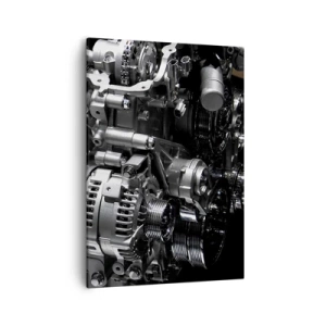 Impression sur toile - Image sur toile - Gros plan de pièces de moteur en métal sur fond noir - 50x70cm - Acier, beau, fort - Décoration murale moderne pour le salon et la chambre ARTTOR