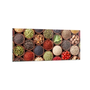 Impression sur verre - Image sur verre - Épices colorées dans des récipients ronds - 120x50cm - Toutes les saveurs du monde - Décoration murale moderne pour le salon et la chambre ARTTOR