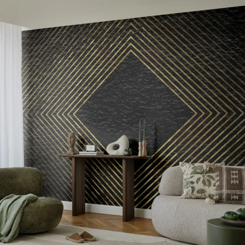 Papier Peint Photo Premium Canvas - Fond noir avec un motif géométrique de lignes dorées - 100x70cm - Géométrie dans un style glamour - Décoration murale moderne pour le salon et la chambre ARTTOR