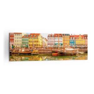 Impression sur toile - Image sur toile - Maisons colorées au bord des canaux de Copenhague - 160x50cm - Aussi lisse qu'un miroir au-dessus de l'eau - Décoration murale moderne pour le salon et la chambre ARTTOR