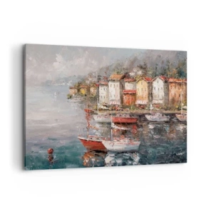 Impression sur toile - Image sur toile - Paysage de bord de mer avec des bateaux et des maisons colorées - 120x80cm - Havre romantique - Décoration murale moderne pour le salon et la chambre ARTTOR