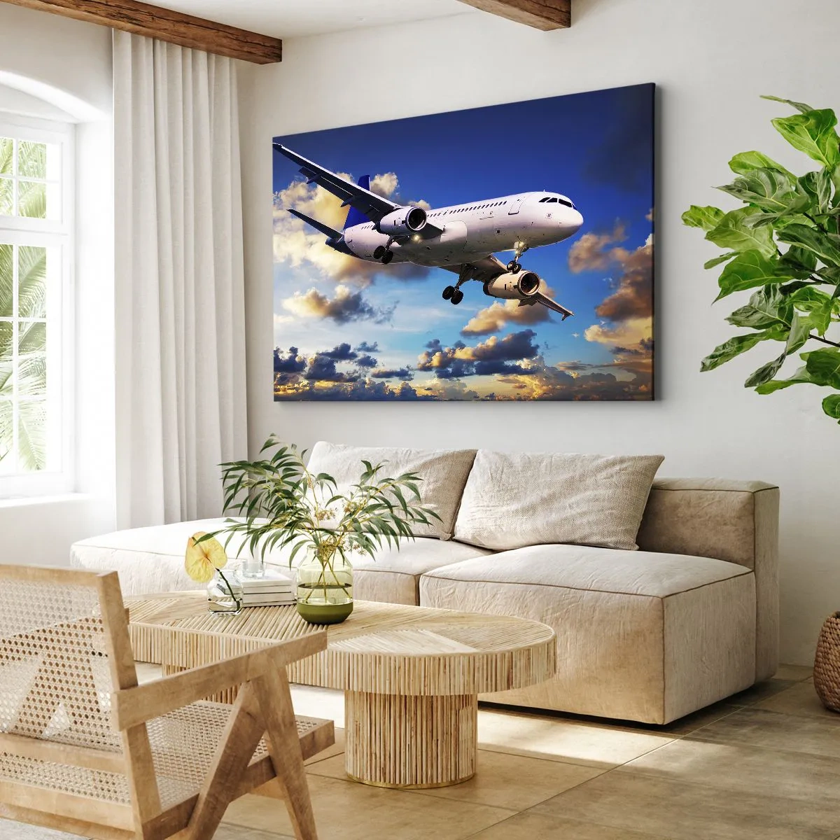 Impression sur toile - Image sur toile - Un avion de ligne contre les nuages au coucher du soleil - 100x70cm - Un voyage en blanc et bleu ciel - Décoration murale moderne pour le salon et la chambre ARTTOR