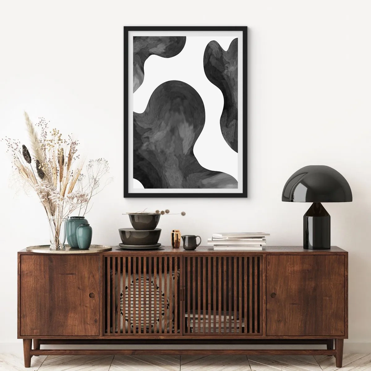 Affiche dans un cadre noir - Poster - Composition abstraite en noir et blanc avec des formes organiques - 50x70cm - La route du lait - Décoration murale moderne pour le salon et la chambre ARTTOR