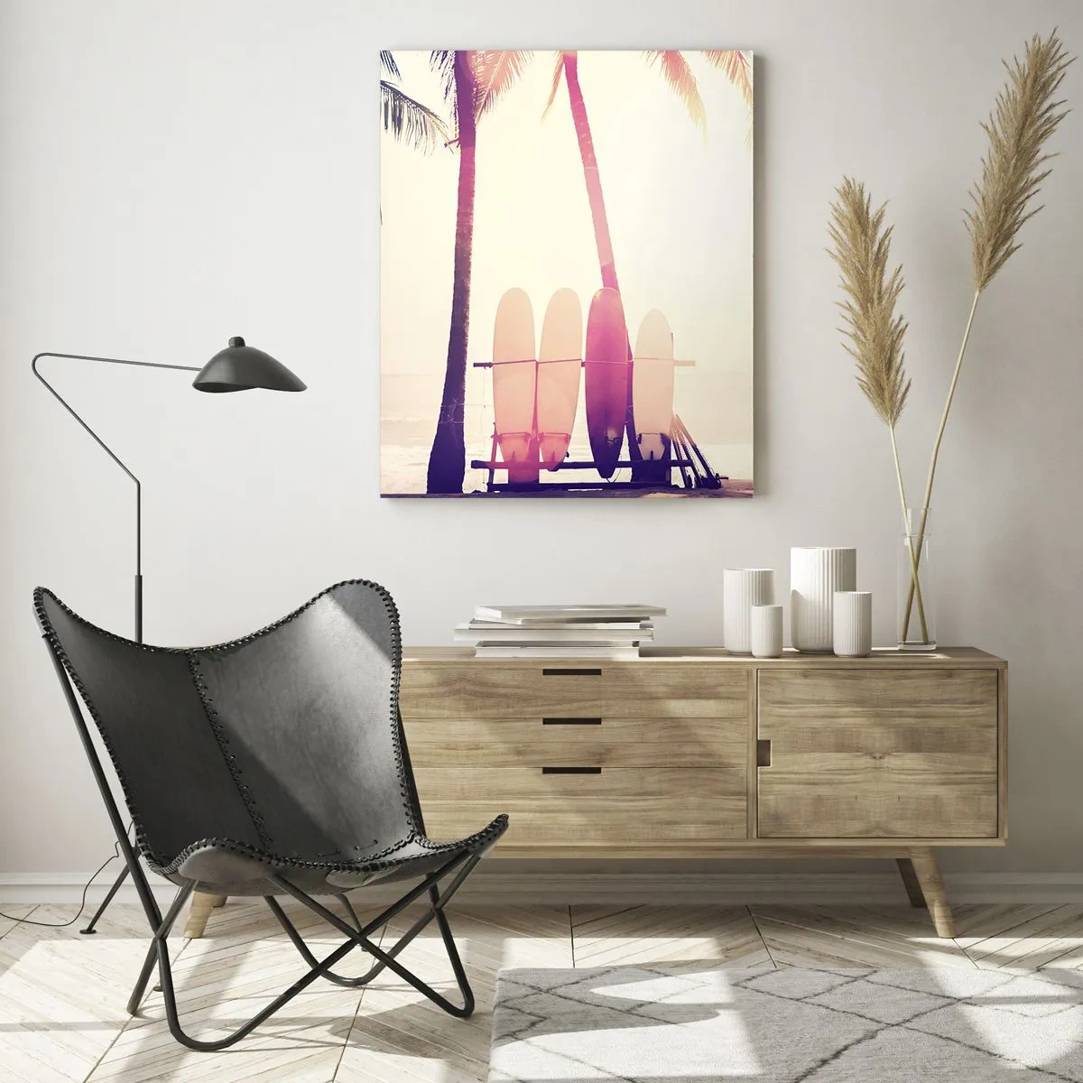 Impression sur verre - Image sur verre - Palmiers et planches de surf sur la plage au soleil - 80x120cm - Ca va être une journée magnifique - Décoration murale moderne pour le salon et la chambre ARTTOR