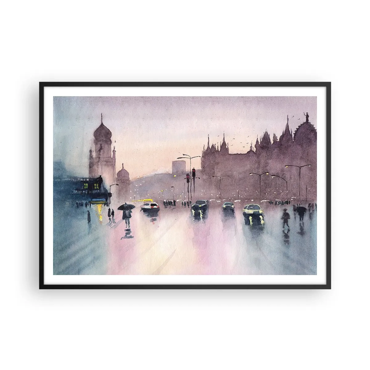 Affiche dans un cadre noir - Poster - Une rue de la ville au crépuscule dans un style aquarelle - 100x70cm - Dans une brume pluvieuse - Décoration murale moderne pour le salon et la chambre ARTTOR