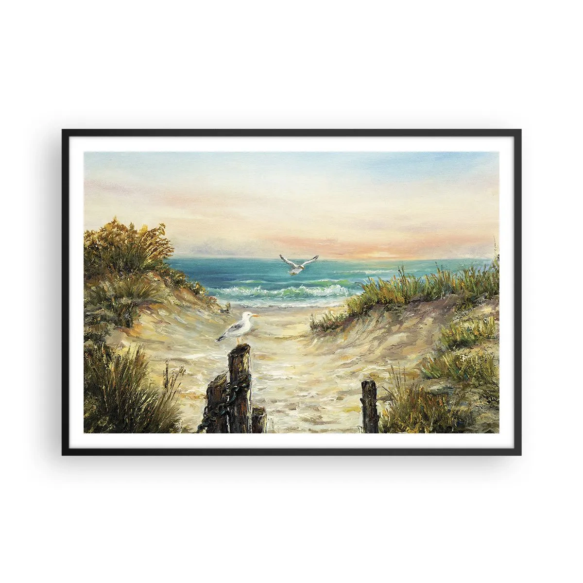 Affiche dans un cadre noir - Poster - Côte avec mouettes et dunes au coucher du soleil - 100x70cm - Retraite au calme - Décoration murale moderne pour le salon et la chambre ARTTOR