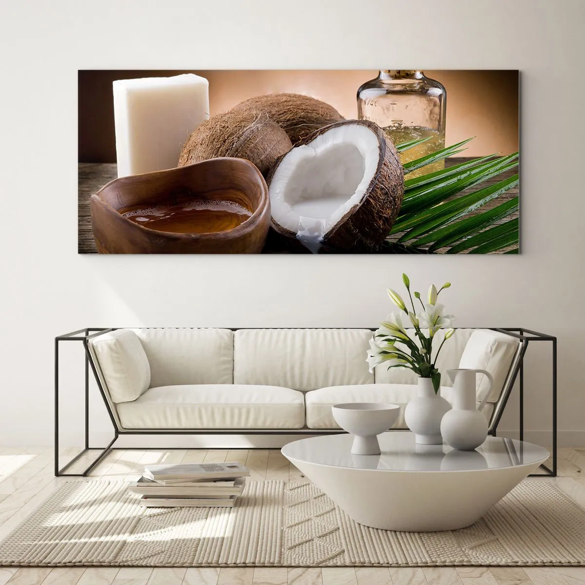 Impression sur verre - Image sur verre - Noix de coco, bougie et huile sur fond de bois - 160x50cm - Santé des îles tropicales - Décoration murale moderne pour le salon et la chambre ARTTOR