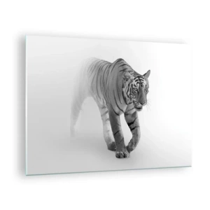 Impression sur verre - Image sur verre - Un tigre marchant dans la brume, avec un flou subtil en arrière-plan - 70x50cm - Accroupi dans le brouillard - Décoration murale moderne pour le salon et la chambre ARTTOR
