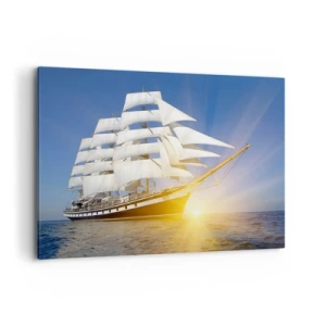Impression sur toile - Image sur toile - Un voilier en mer à la lumière du soleil couchant - 120x80cm - Leur temps ne passera jamais - Décoration murale moderne pour le salon et la chambre ARTTOR