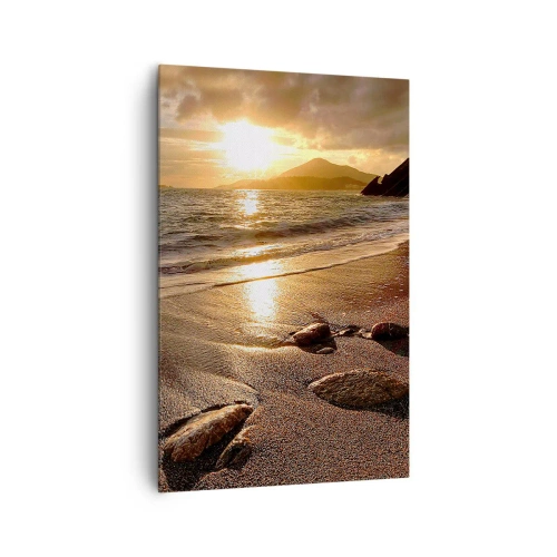 Impression sur toile - Image sur toile - Plage au coucher du soleil avec des pierres sur le rivage - 80x120cm - Suivez le soleil sur les collines - Décoration murale moderne pour le salon et la chambre ARTTOR