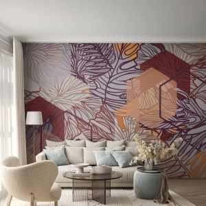 Papier Peint Photo Premium Canvas - Un motif décoratif de feuilles tropicales dans des tons de violet, d'orange et de beige. - 100x70cm - Relation impossible entre la géométrie et la nature - Décoration murale moderne pour le salon et la chambre ARTTOR