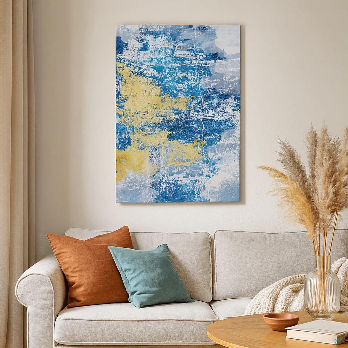 Impression sur toile - Image sur toile - Abstraction dans les tons de bleu et de jaune - 50x70cm - Abstraction du temps - Décoration murale moderne pour le salon et la chambre ARTTOR