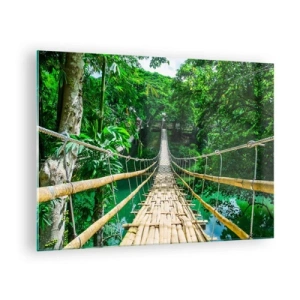 Impression sur verre - Image sur verre - Un pont en bambou suspendu au milieu de la verdure tropicale au-dessus d'une rivière - 70x50cm - Pont de singe en pleine nature - Décoration murale moderne pour le salon et la chambre ARTTOR