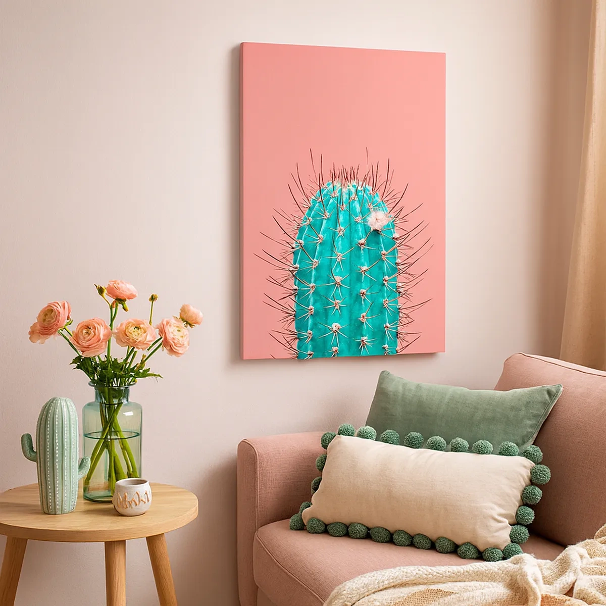 Impression sur toile - Image sur toile - Une interprétation artistique d'un cactus sur fond rose - 50x70cm - Juste regarde - Décoration murale moderne pour le salon et la chambre ARTTOR