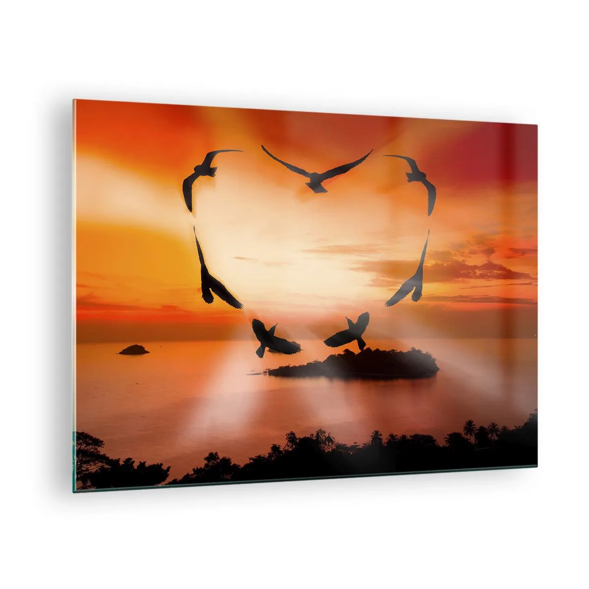 Impression sur verre - Image sur verre - Oiseaux formant un cœur sur fond de coucher de soleil - 70x50cm - Aimer le monde comme les oiseaux - Décoration murale moderne pour le salon et la chambre ARTTOR