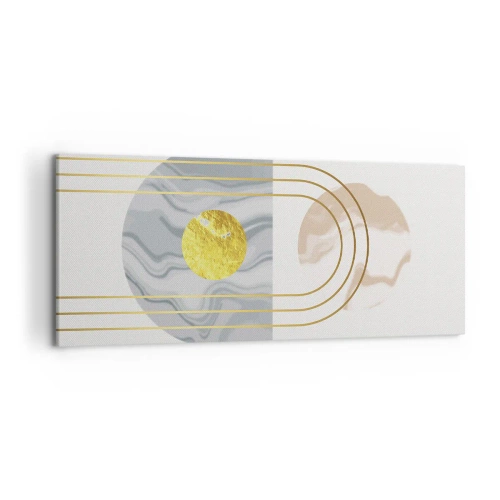 Impression sur toile - Image sur toile - Composition abstraite avec des cercles et des lignes dorées sur fond clair. - 120x50cm - Clareté et brillance - Décoration murale moderne pour le salon et la chambre ARTTOR