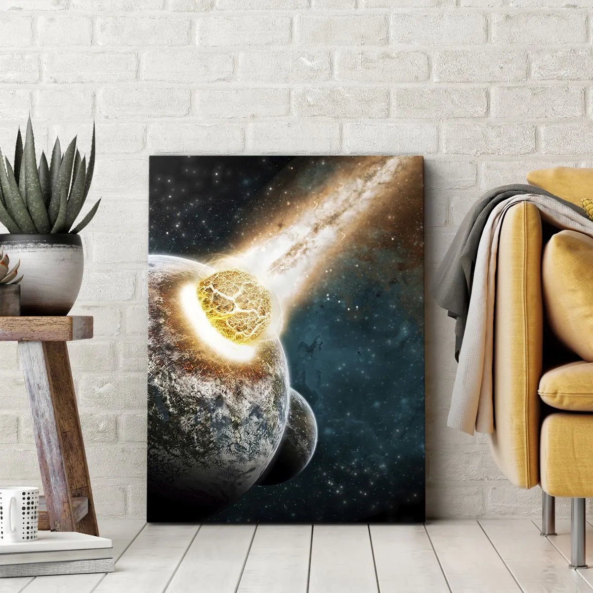 Impression sur toile - Image sur toile - Collision cosmique d'une planète avec un astéroïde à proximité de la galaxie. - 50x70cm - Destruction ou naissance? - Décoration murale moderne pour le salon et la chambre ARTTOR