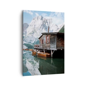 Impression sur toile - Image sur toile - Un chalet en bois au bord d'un lac de montagne tranquille - 50x70cm - Un matin cristallin en montagne - Décoration murale moderne pour le salon et la chambre ARTTOR