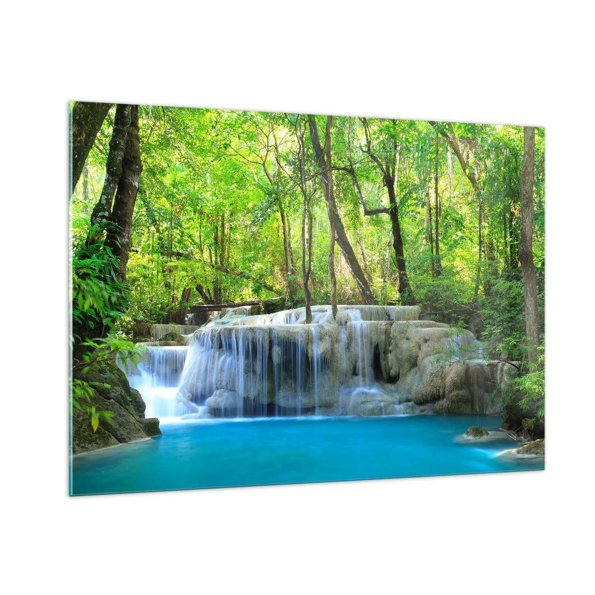 Impression sur verre - Image sur verre - Une cascade entourée d'arbres verts et d'eau bleue - 100x70cm - Se noyer dans le turquoise et le vert - Décoration murale moderne pour le salon et la chambre ARTTOR
