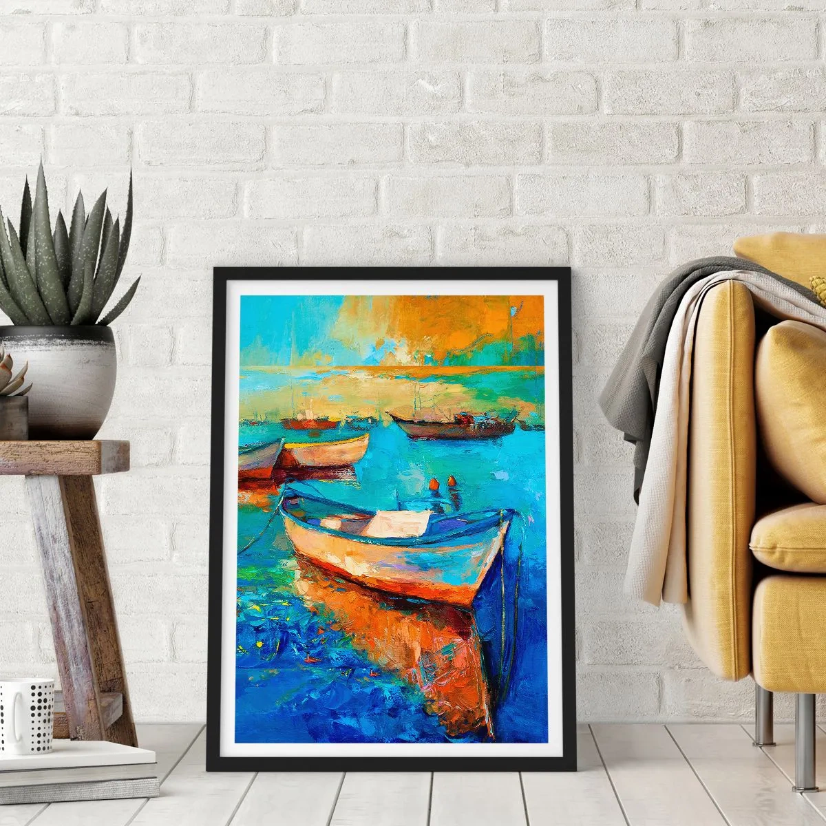 Affiche dans un cadre noir - Poster - Bateaux colorés sur l'eau dans un style impressionniste - 50x70cm - Dans la baie du sud - Décoration murale moderne pour le salon et la chambre ARTTOR