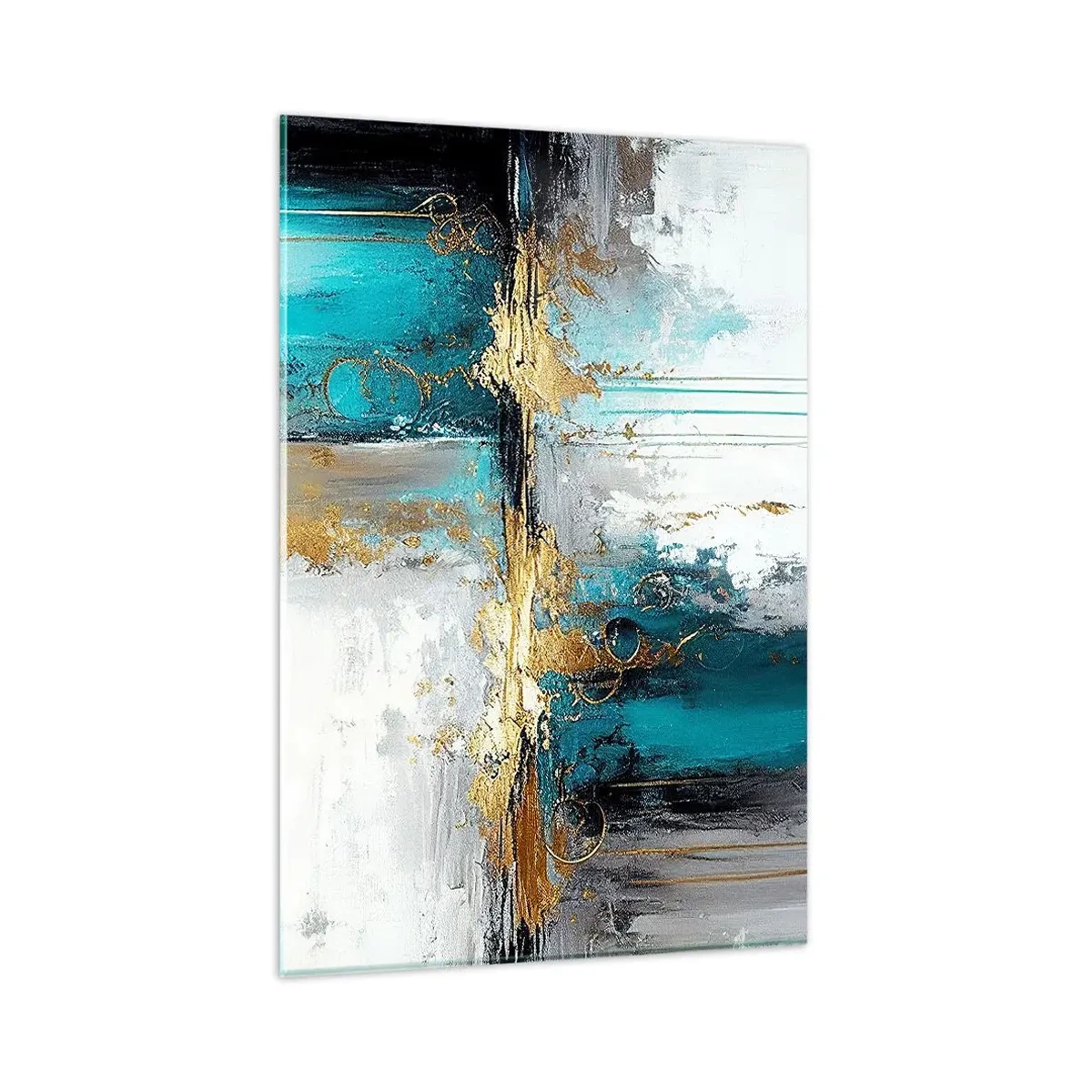 Impression sur verre - Image sur verre - Une composition abstraite aux accents turquoise et dorés. - 80x120cm - Tout coule - Décoration murale moderne pour le salon et la chambre ARTTOR