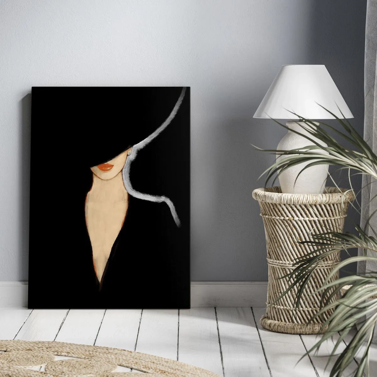 Impression sur toile - Image sur toile - Silhouette d'une femme au chapeau sur fond noir - 50x70cm - Élégance et style - Décoration murale moderne pour le salon et la chambre ARTTOR