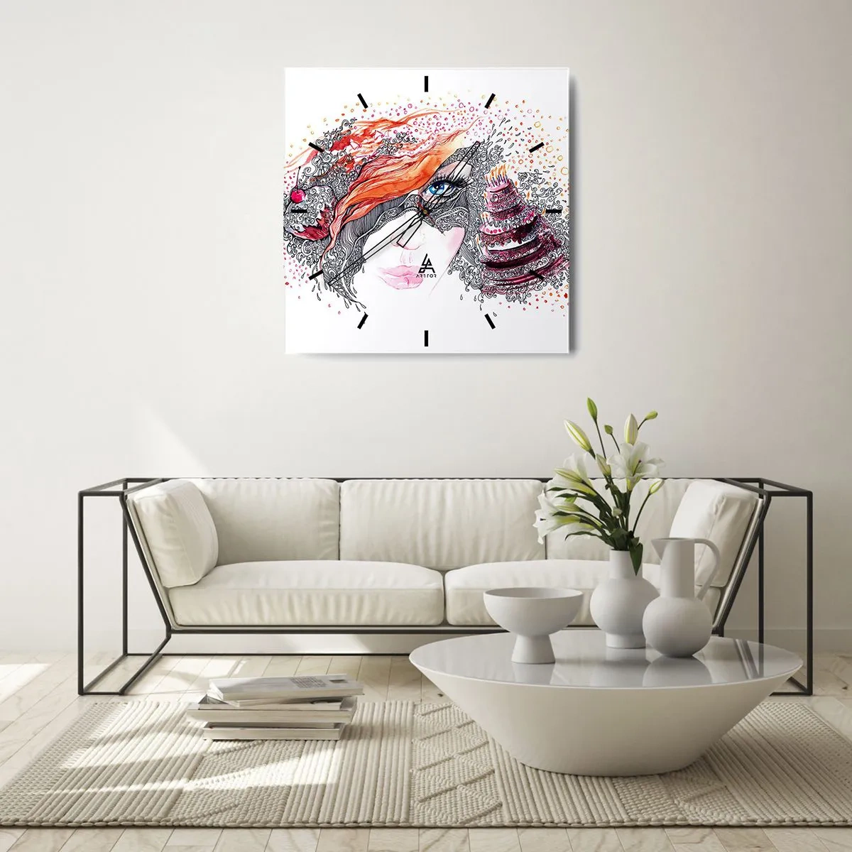 Horloge murale - Pendule murale - Portrait artistique d'une femme avec des détails et un accent rouge - 30x30cm - Avec elle, c'est tous les jours la fête - Décoration murale moderne pour le salon et la chambre ARTTOR
