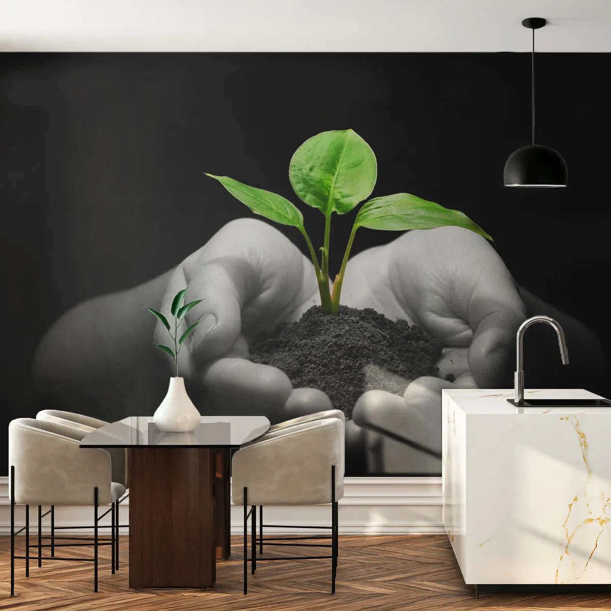 Papier Peint Photo Standard Eco - Plant vert dans les mains sur fond noir - 100x70cm - J'aime la nature, je la protège - Décoration murale moderne pour le salon et la chambre ARTTOR