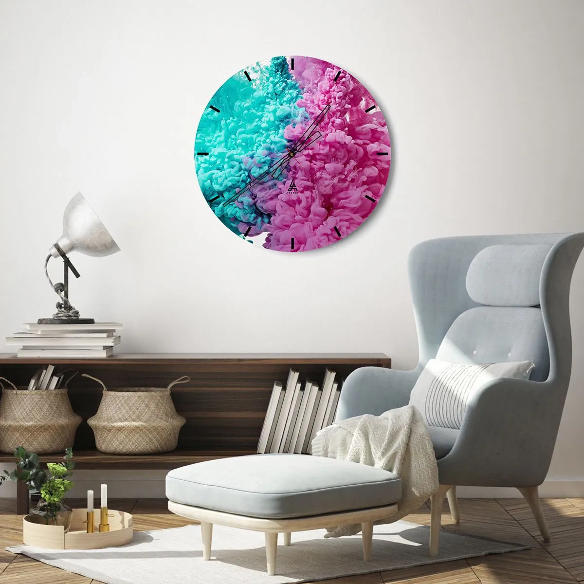 Horloge murale - Pendule murale - Combinaison abstraite de couleurs rose et turquoise - 30x30cm - Rencontre finale - Décoration murale moderne pour le salon, la cuisine et la chambre ARTTOR