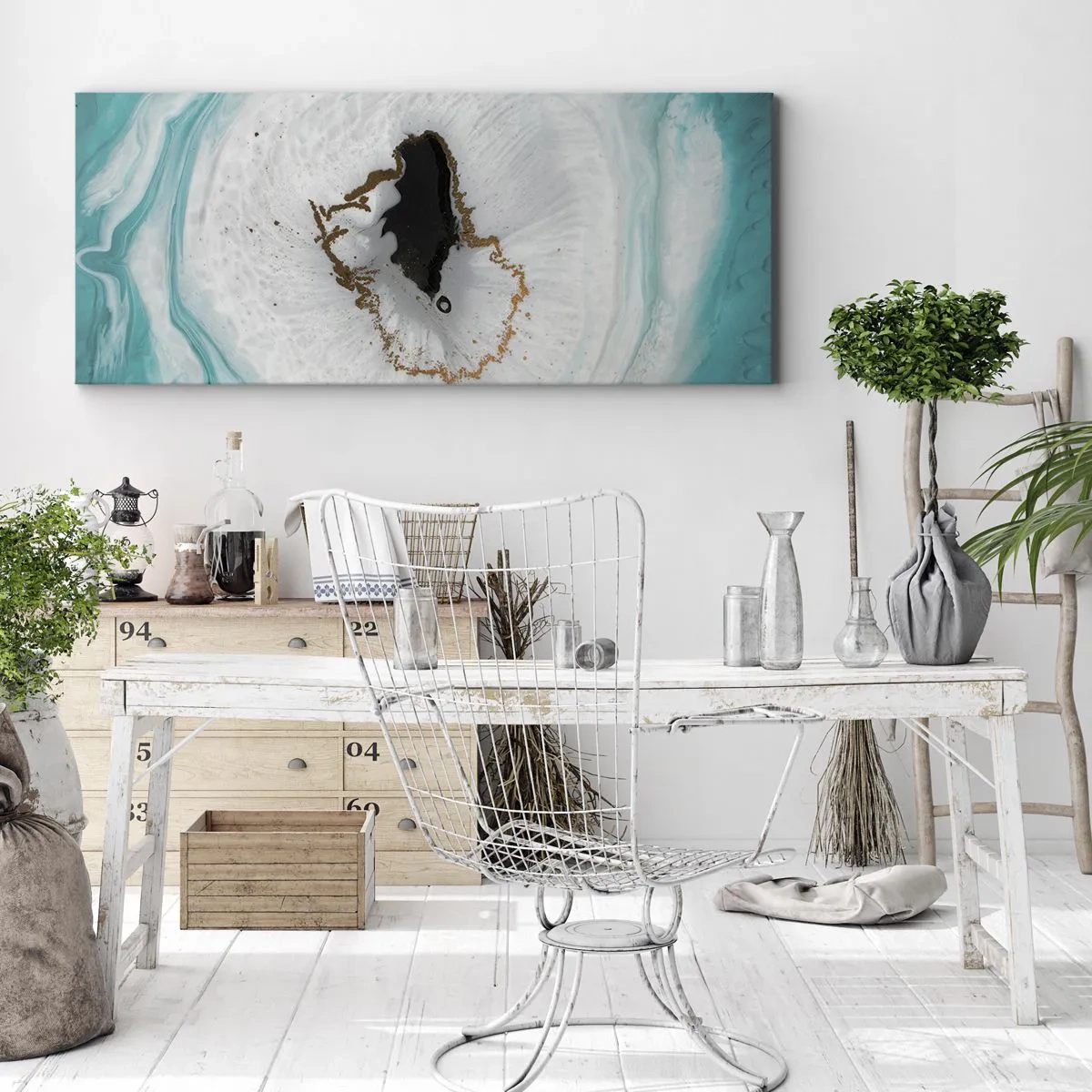 Impression sur toile - Image sur toile - Motif de géode abstrait dans des tons de turquoise, blanc et or - 140x50cm - Pénétrer à l'intérieur - Décoration murale moderne pour le salon et la chambre ARTTOR