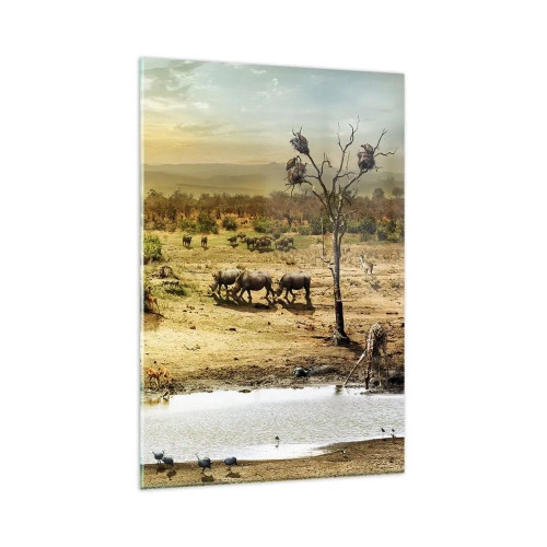 Impression sur verre - Image sur verre - Éléphants et animaux sauvages à un point d'eau au coucher du soleil - 80x120cm - "Et d'Eden coulait une rivière..." - Décoration murale moderne pour le salon et la chambre ARTTOR
