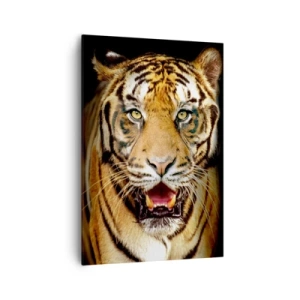 Impression sur toile - Image sur toile - Un tigre avec la gueule ouverte sur un fond noir - 70x100cm - Le coeur sauvageon - Décoration murale moderne pour le salon et la chambre ARTTOR