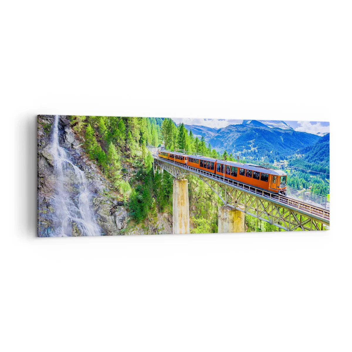 Impression sur toile - Image sur toile - Des montagnes russes sur un pont avec vue sur une cascade et des montagnes - 140x50cm - Train dans les Alpes - Décoration murale moderne pour le salon et la chambre ARTTOR