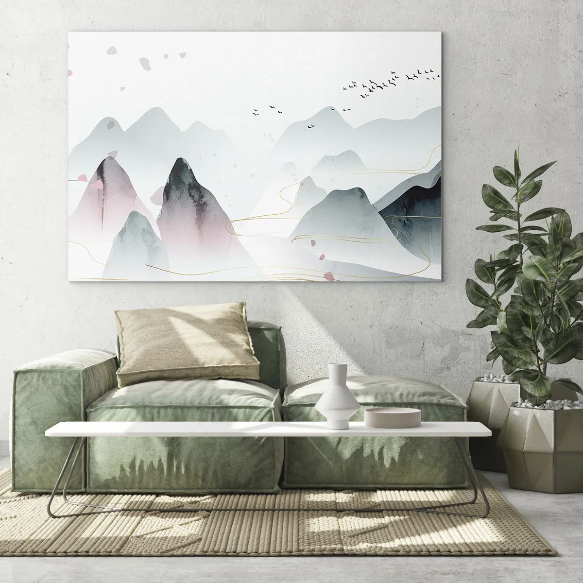 Impression sur verre - Image sur verre - Montagnes pastel avec une volée d'oiseaux volants et des lignes dorées - 70x50cm - Au-delà des sommets - Décoration murale moderne pour le salon et la chambre ARTTOR